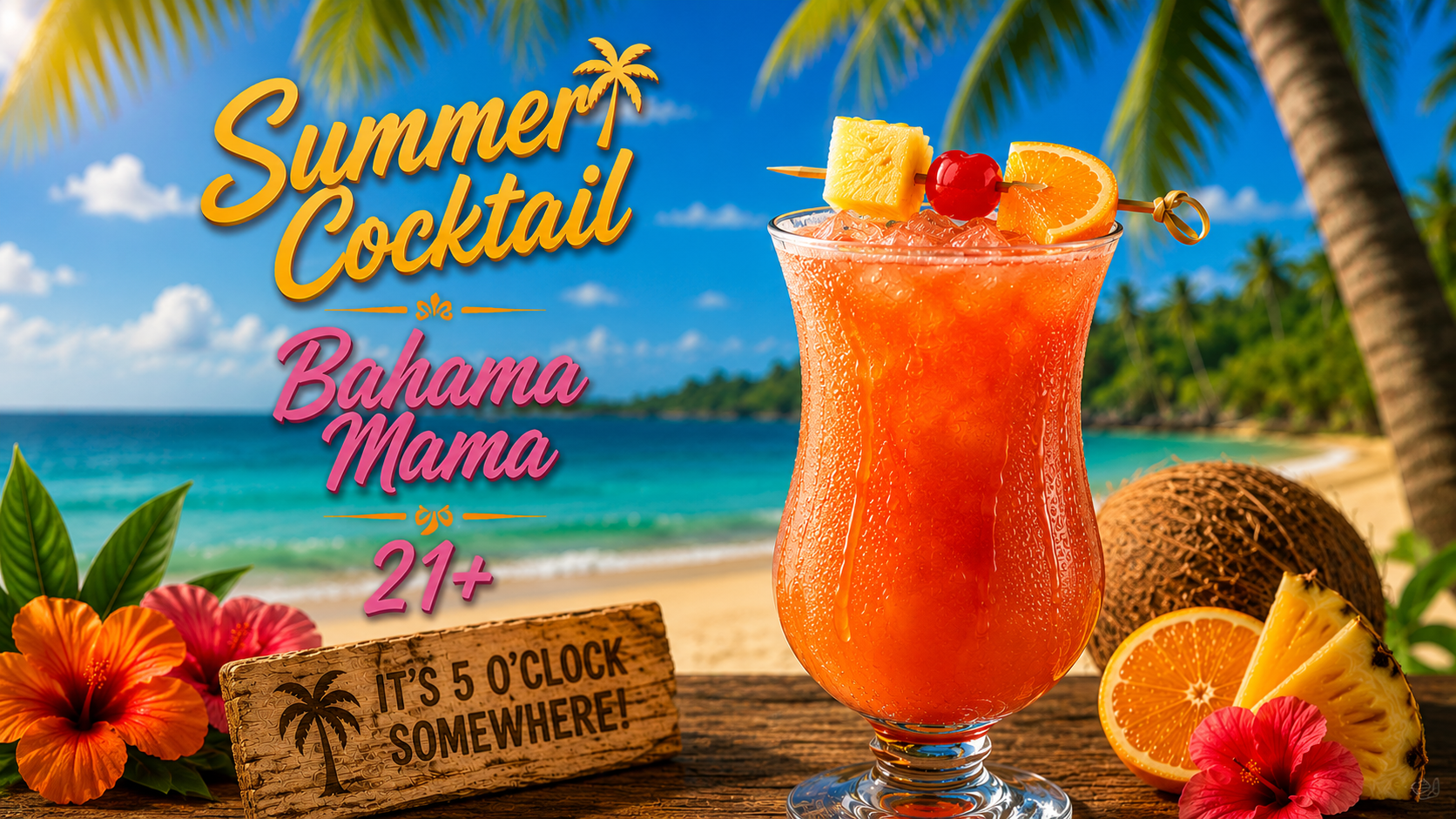 Bahama Mama summer cocktail — a frozen orange and red tropical drink with pineapple, orange, and cherry garnish (21 and over)