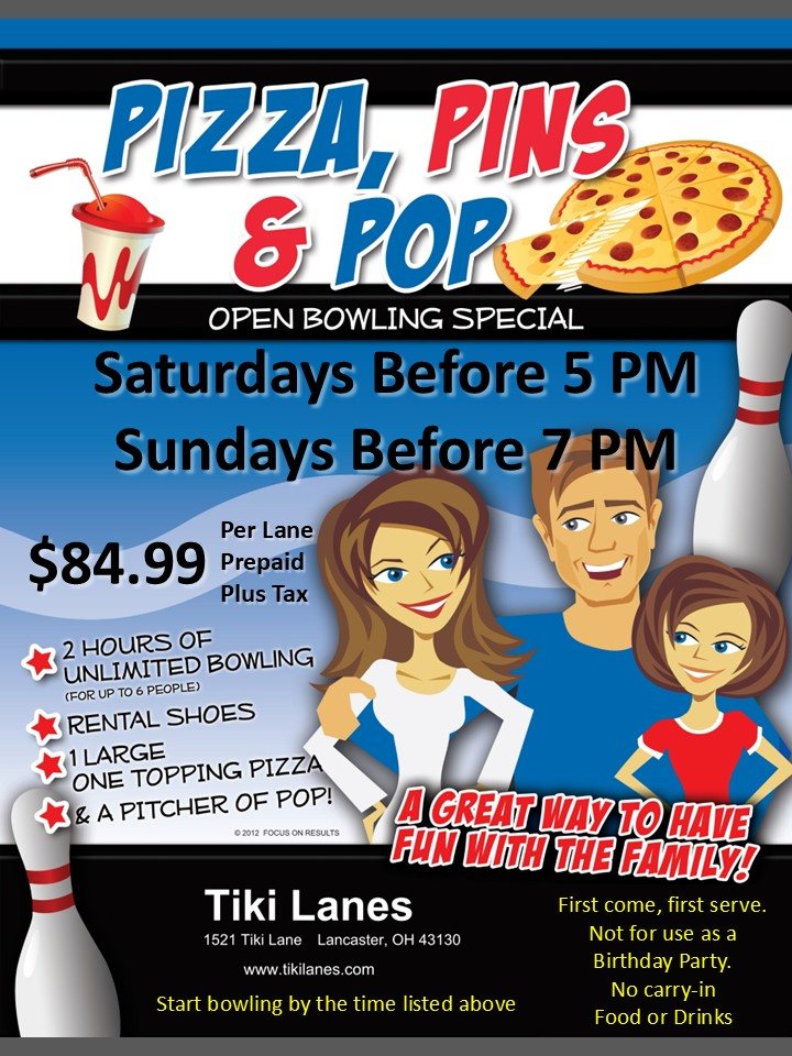 Pizza, Pins & Pop bowling special at Tiki Lanes