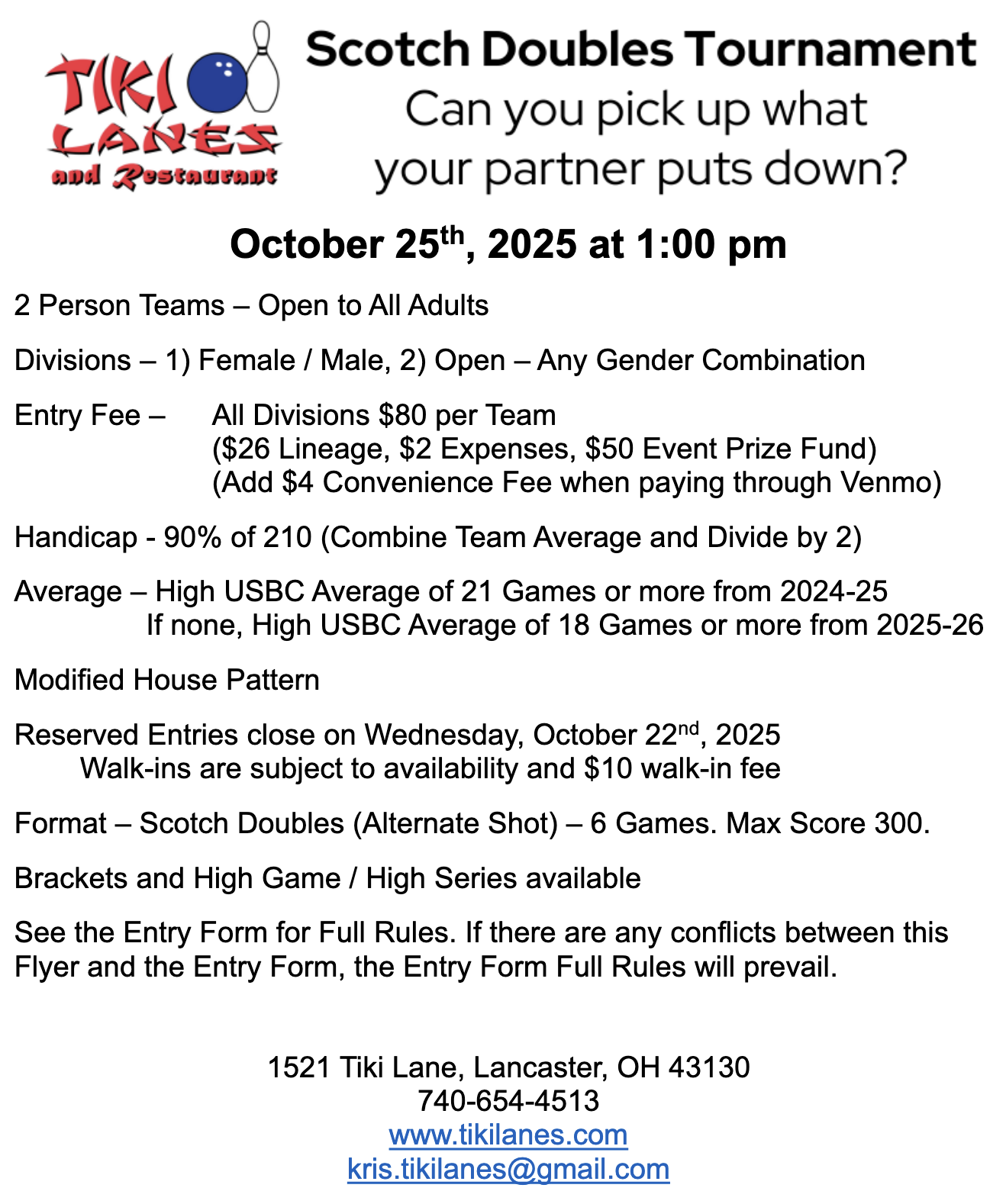 Scotch Doubles tournament flyer for Tiki Lanes