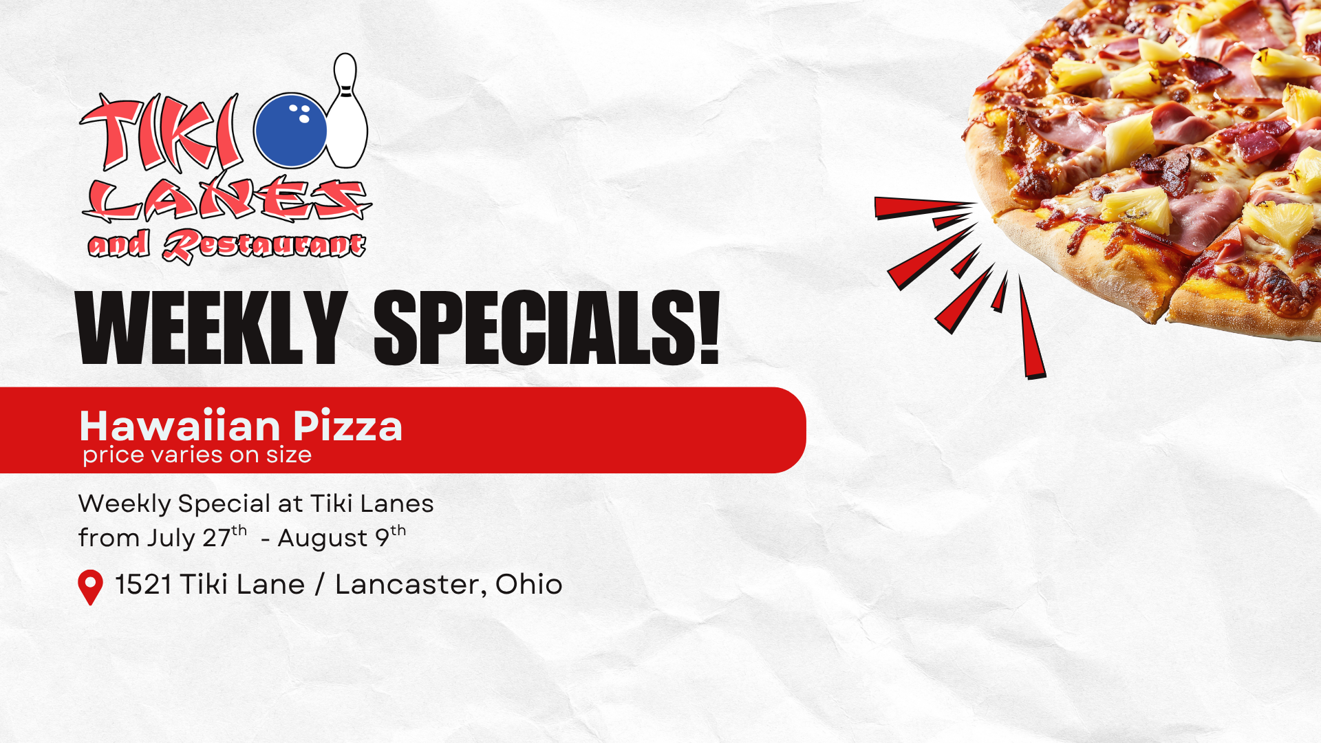 Weekly restaurant special at Tiki Lanes